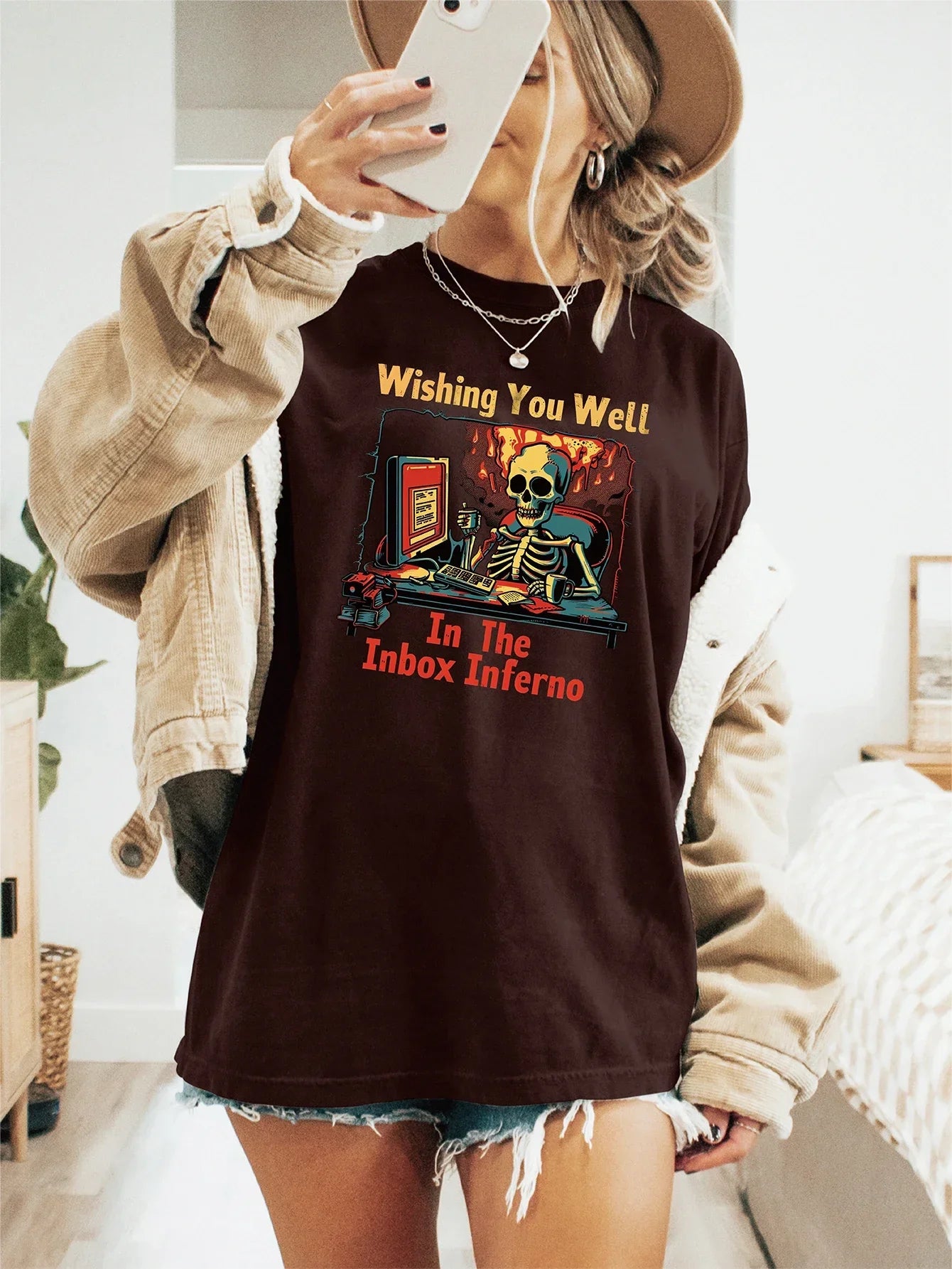 Email Overload Humor Skeletal Office Chaos Print T-shirt Short Sleeve Crew Neck Casual Top For Summer&Spring Women's Clothing