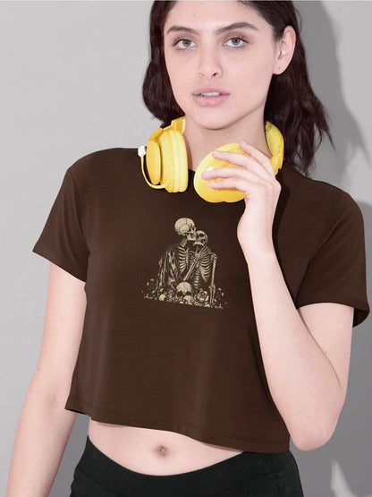 Evocative Skeletons In Love Graphic Print Crew Neck Crop T-Shirts Casual Short Sleeve Top For Spring & Summer Women's Clothing