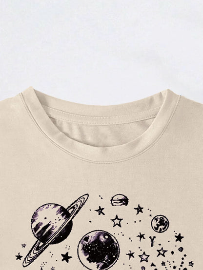 Astronomical Humor 'I Need Space' Planetary Print T-shirt Short Sleeve Crew Neck Casual Top For Summer&Spring Women's Clothing