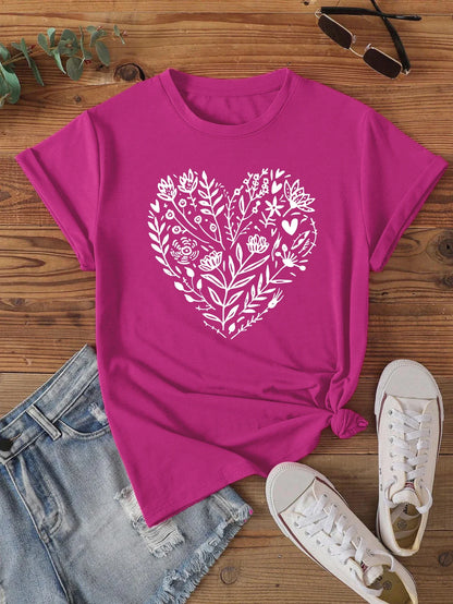 Fuchsia Tee with White Floral Heart Print T-shirt Short Sleeve Crew Neck Casual Top For Summer & Spring Women's Clothing