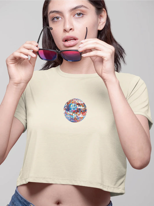 Eye-catching Disco Ball Graphic Print Crew Neck Crop T-Shirts Casual Short Sleeve Top For Spring & Summer Women's Clothing