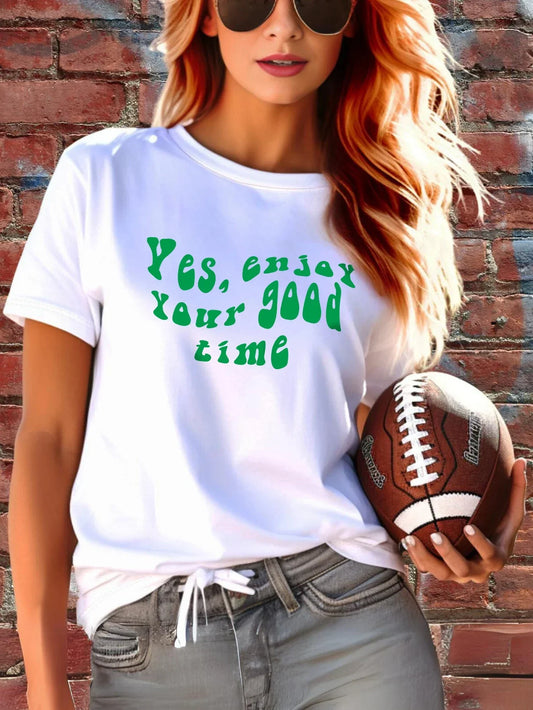 Green Letter Print Stylish Casual Crewneck Short Sleeve T-shirt