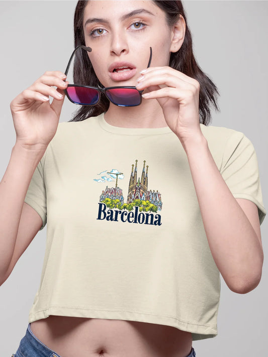Barcelona Skyline With Bold Barcelona Print Crew Neck Crop T-Shirts Casual Short Sleeve Top For Spring & Summer Women's Clothing