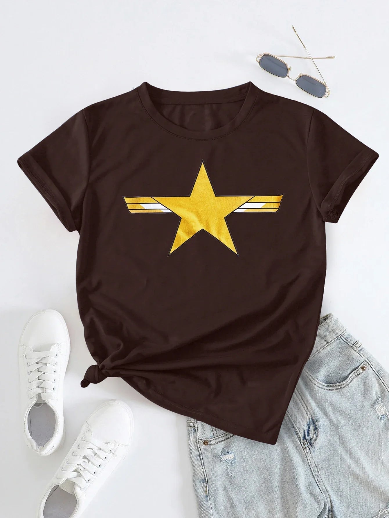 Gold Star Graphic with Metallic Print T-shirt Short Sleeve Crew Neck Casual Top For Summer & Spring Women's Clothing