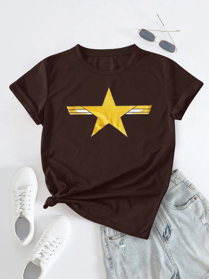 Gold Star Graphic with Metallic Print T-shirt Short Sleeve Crew Neck Casual Top For Summer & Spring Women's Clothing