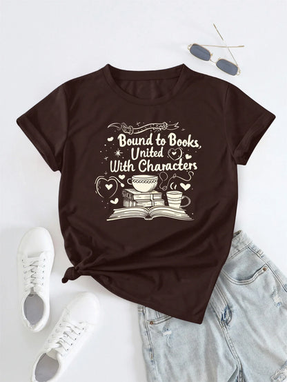 Heartfelt Literary And Coffee Graphic Print T-shirt Short Sleeve Crew Neck Casual Top For Summer & Spring Women's Clothing