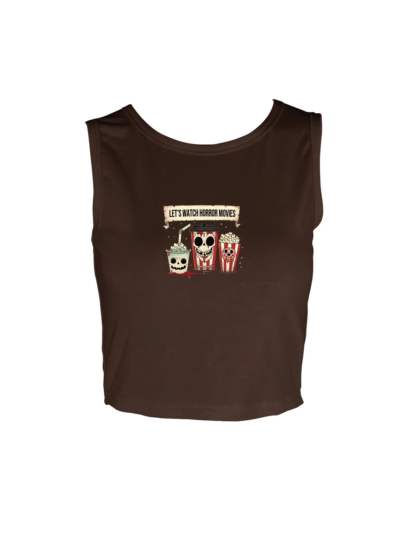 Fun And Eerie Popcorn And Skull Graphic Print Crop Tank Top, Sleeveless Casual Top For Summer & Spring, Women's Clothing