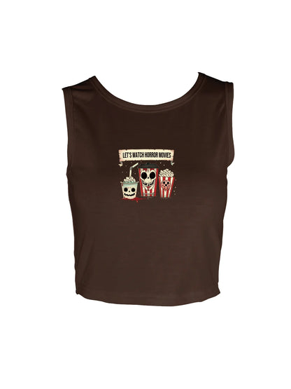 Fun And Eerie Popcorn And Skull Graphic Print Crop Tank Top, Sleeveless Casual Top For Summer & Spring, Women's Clothing