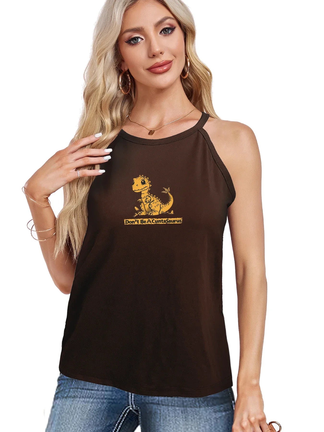 Humorous and Bold Funny Dinosaur Print Cami Top Sleeveless Casual Top For Summer & Spring Women's Clothing