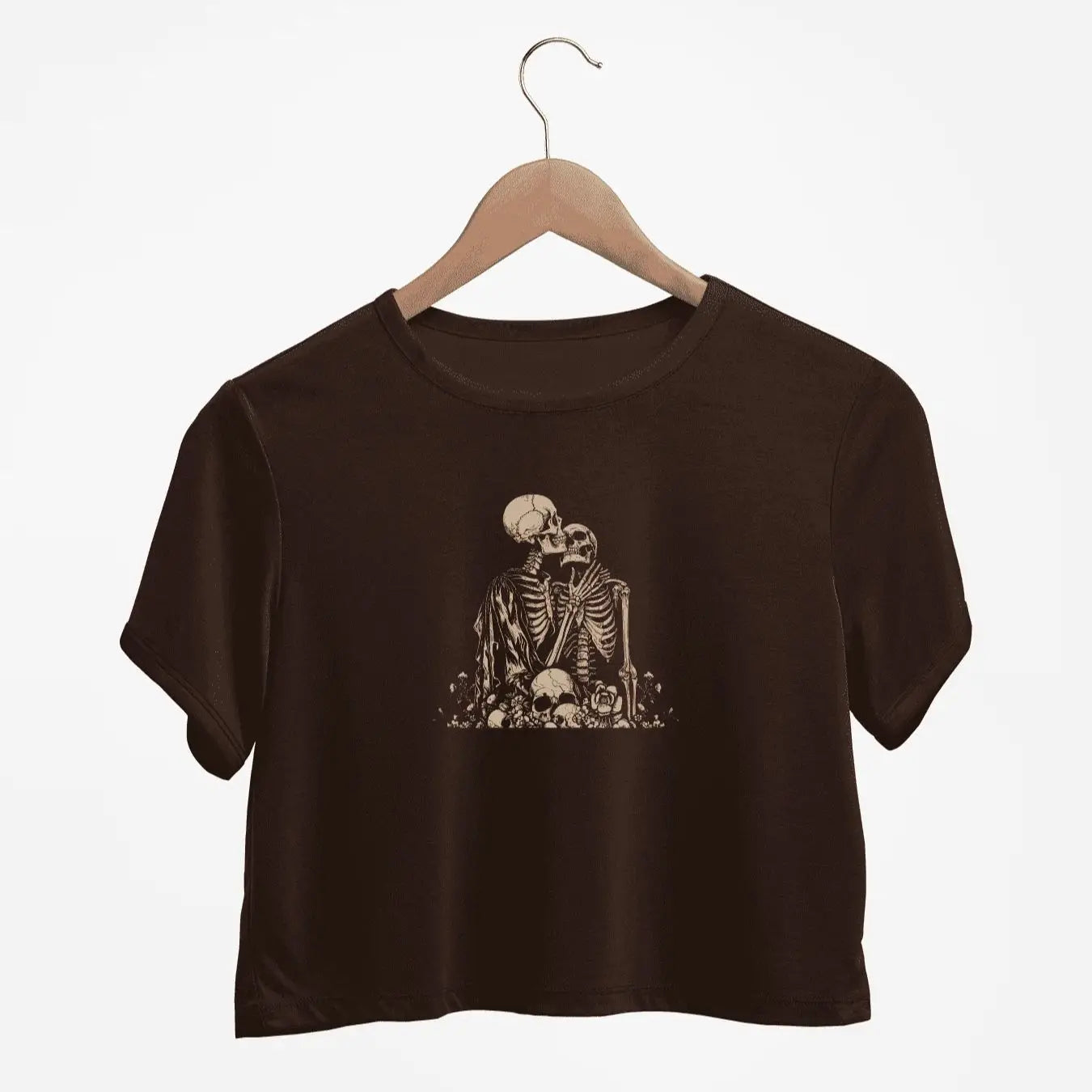 Evocative Skeletons In Love Graphic Print Crew Neck Crop T-Shirts Casual Short Sleeve Top For Spring & Summer Women's Clothing