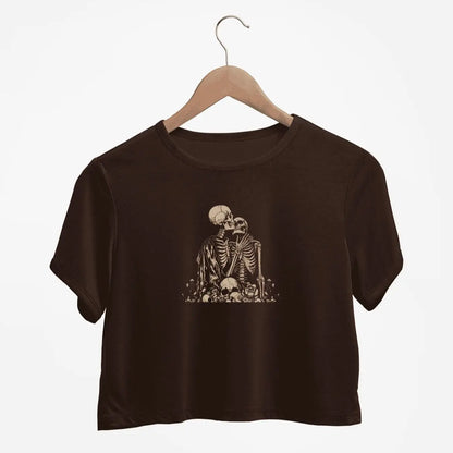 Evocative Skeletons In Love Graphic Print Crew Neck Crop T-Shirts Casual Short Sleeve Top For Spring & Summer Women's Clothing