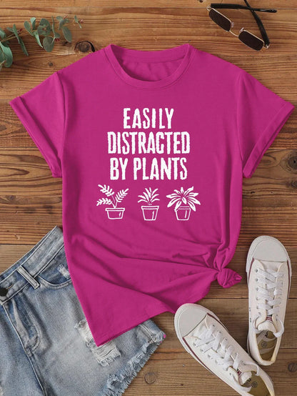 Fuchsia with 'Easily Distracted by Plants' Print T-shirt Short Sleeve Crew Neck Casual Top For Summer&Spring Women's Clothing