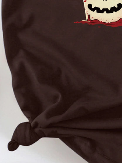 Horror Movie Night Popcorn Skull Print T-shirt Short Sleeve Crew Neck Casual Top For Summer & Spring Women's Clothing