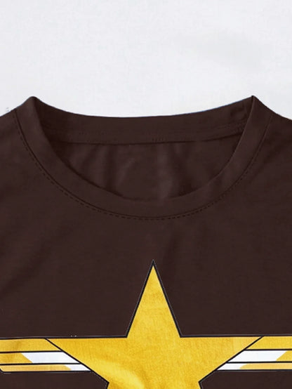 Gold Star Graphic with Metallic Print T-shirt Short Sleeve Crew Neck Casual Top For Summer & Spring Women's Clothing