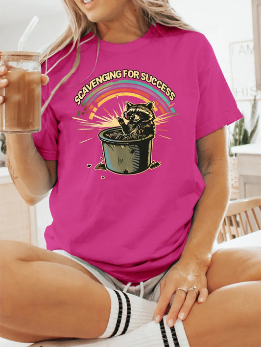 Fuchsia Graphic Tee Featuring Raccoon Print T-shirt Short Sleeve Crew Neck Casual Top For Summer & Spring Women's Clothing