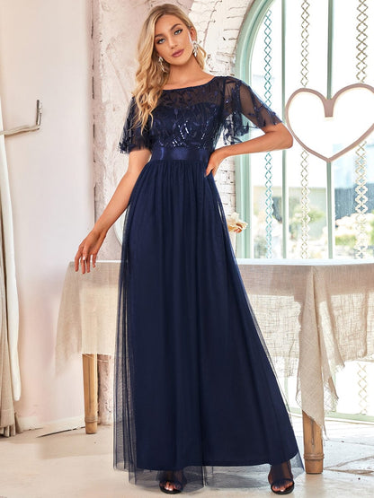Shimmering Sequin Printed Cap Sleeve Evening Gown 