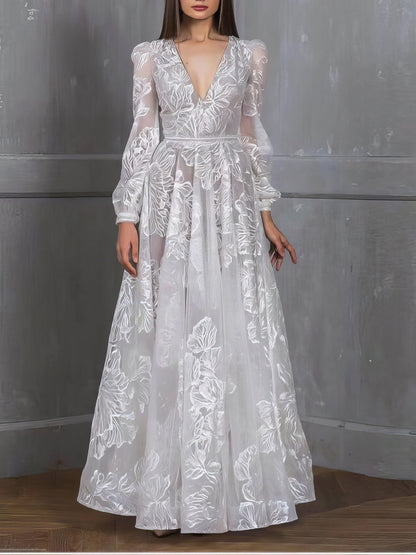 Sparkling V-Neck Sequin Embroidered Elegant Long Sleeve Dress