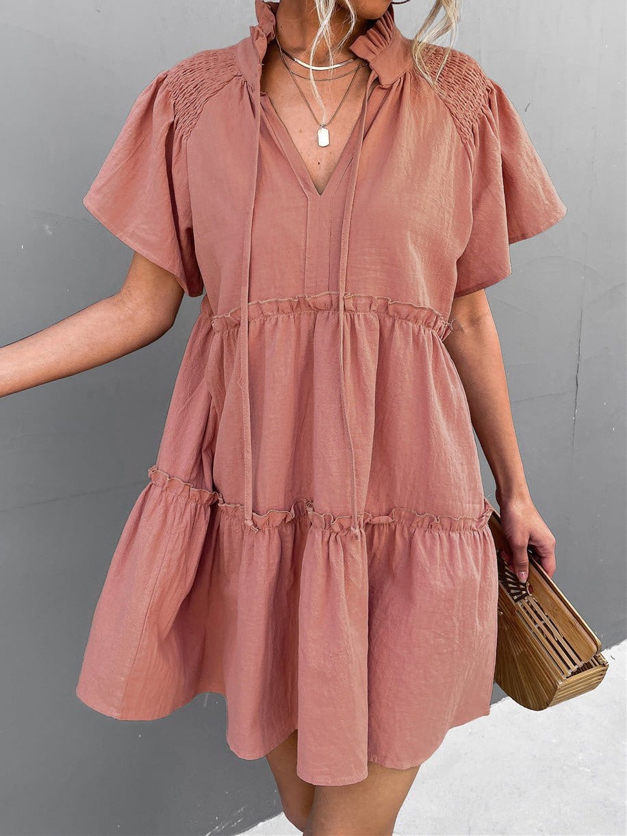 Stylish Pleated V-Neck Dress with Belt and Short Sleeves