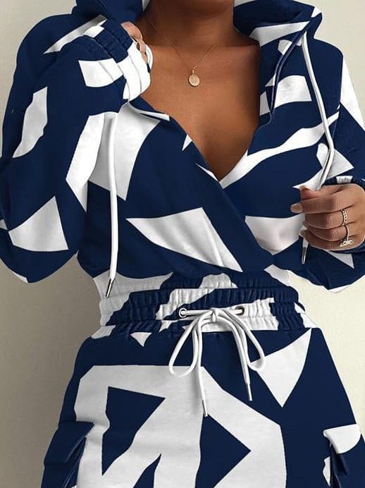 Stylish Print Design Long Sleeve Dress with Elastic Waist & Pockets