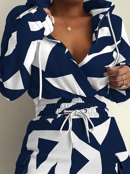 Stylish Print Design Long Sleeve Dress with Elastic Waist & Pockets