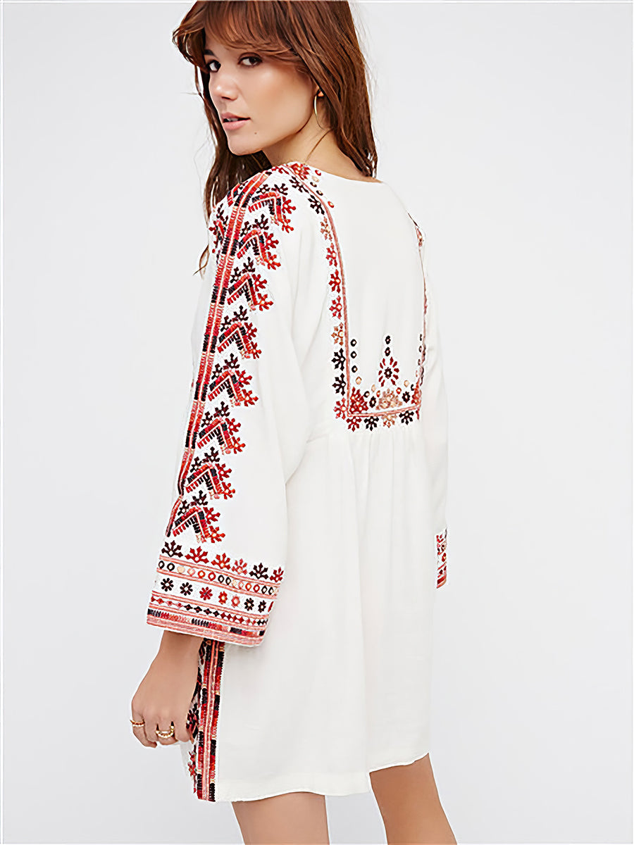 Mini Dresses - Embroidered Tassel Tie Mini Dress - MsDressly