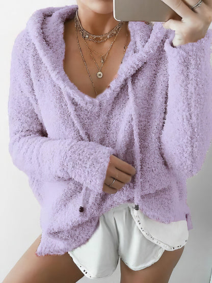 V-Neck Long Sleeve Hooded Sweater with Adjustable Drawstring