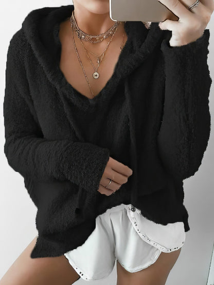 V-Neck Long Sleeve Hooded Sweater with Adjustable Drawstring