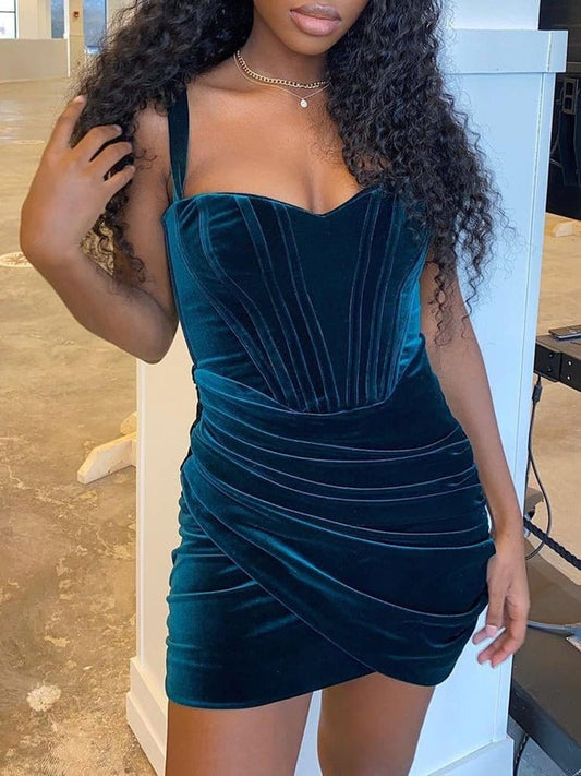 Velvet Pleated Suspenders Cocktail Dress
