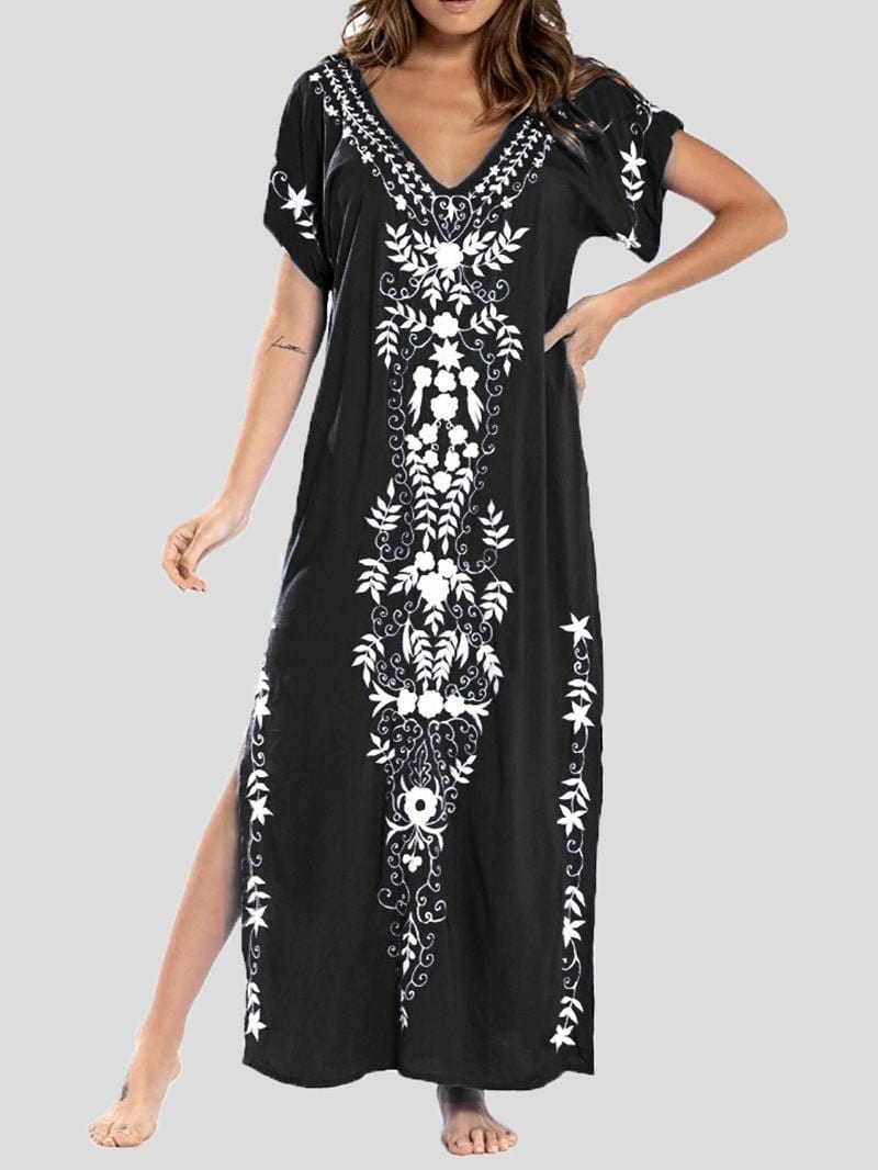 Vintage Print V-Neck Maxi Dress with Slit