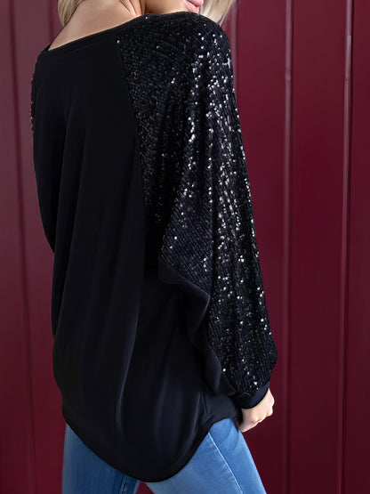 T-Shirts - Sequin Stitching Round Neck Raglan Long Sleeve T-Shirt - MsDressly