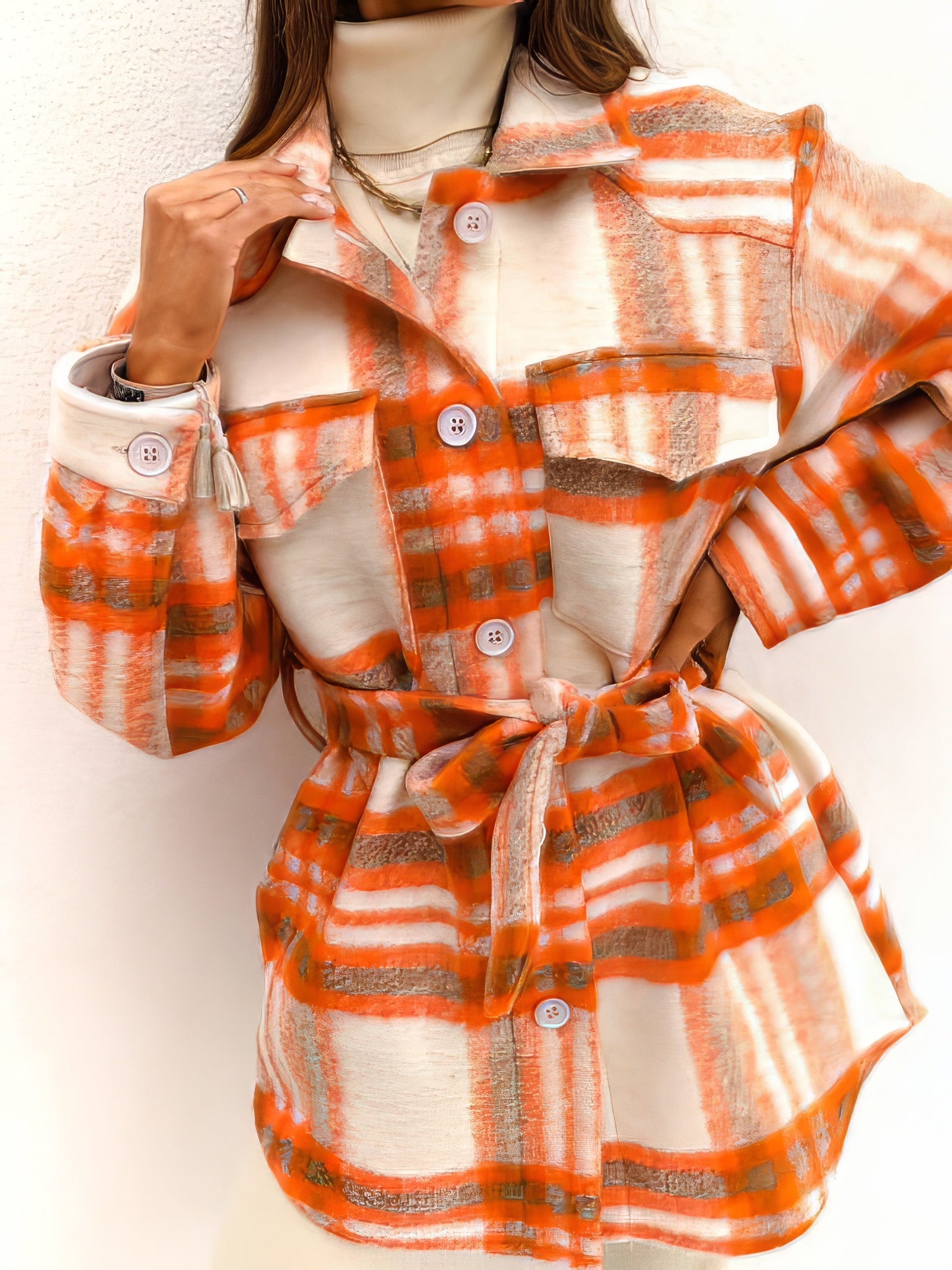 Coats - Checked Belted Two-Tone Pocket Button Woolen Coat - MsDressly