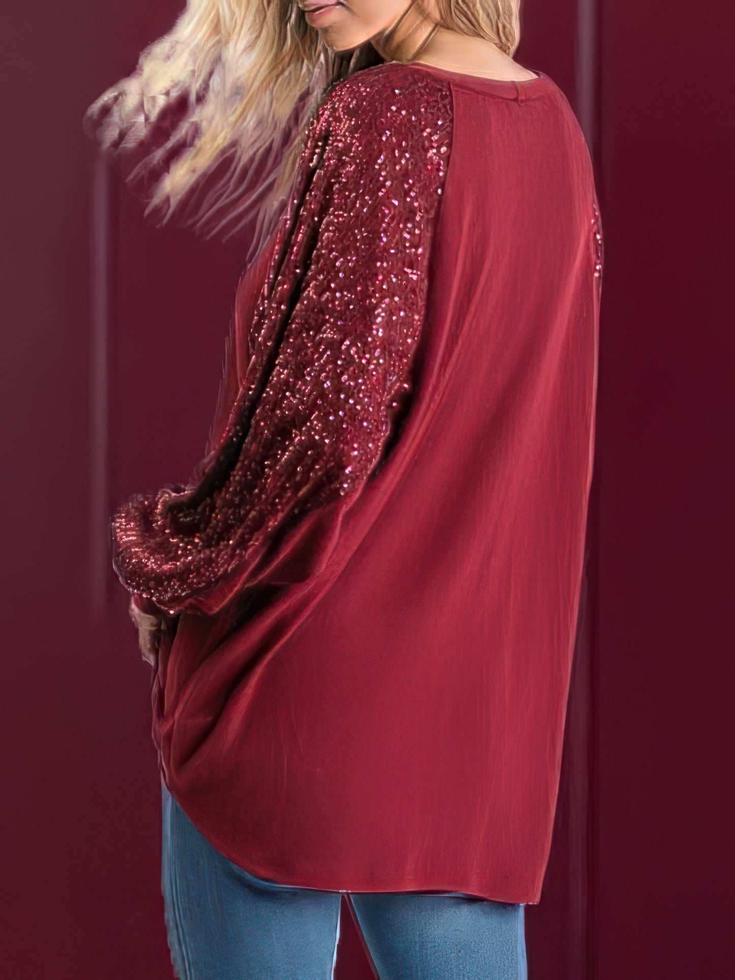 T-Shirts - Sequin Stitching Round Neck Raglan Long Sleeve T-Shirt - MsDressly