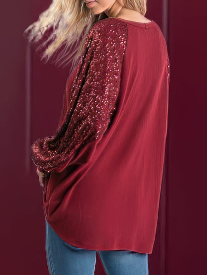 T-Shirts - Sequin Stitching Round Neck Raglan Long Sleeve T-Shirt - MsDressly