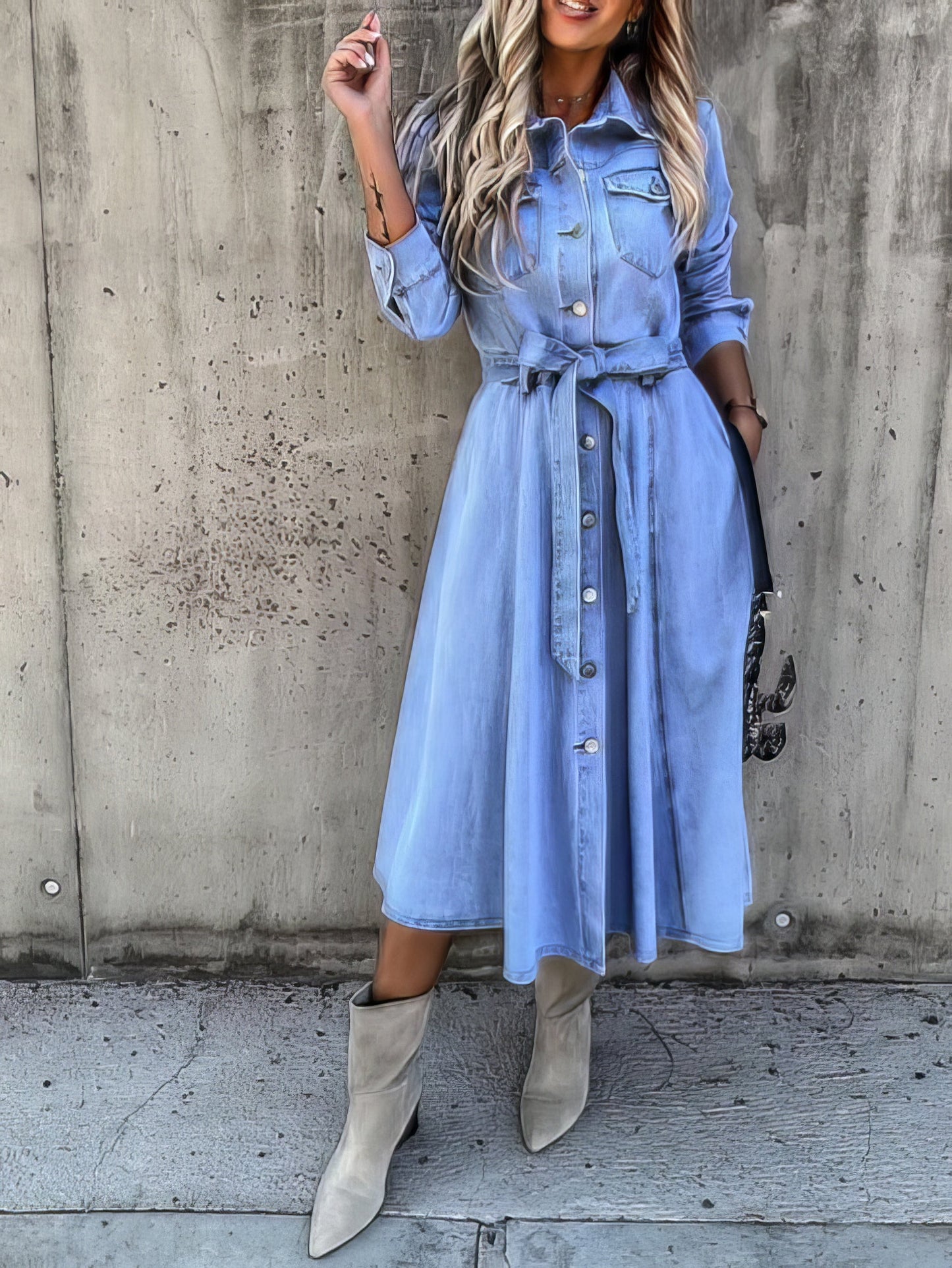 Midi Dresses - Pocket Lapel Belted Long Sleeve Denim Dress - MsDressly