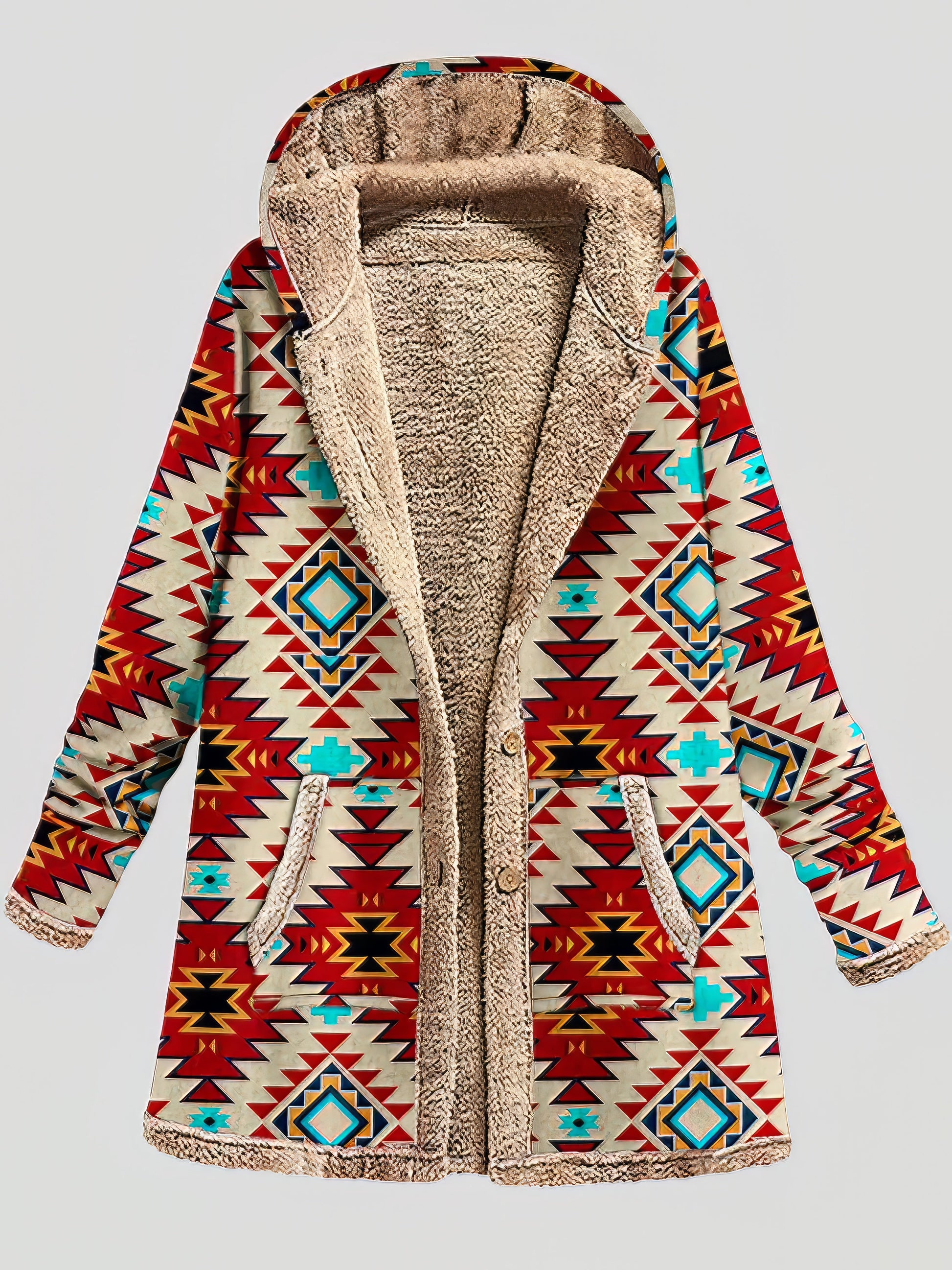Coats - Graphic Printed Long Sleeve Pocket Button Hooded Coat - MsDressly