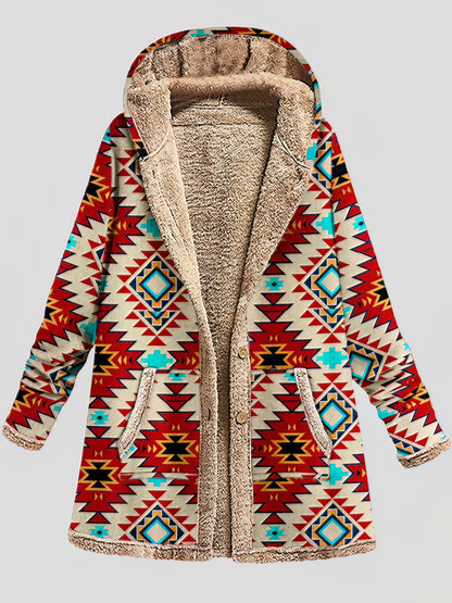 Coats - Graphic Printed Long Sleeve Pocket Button Hooded Coat - MsDressly