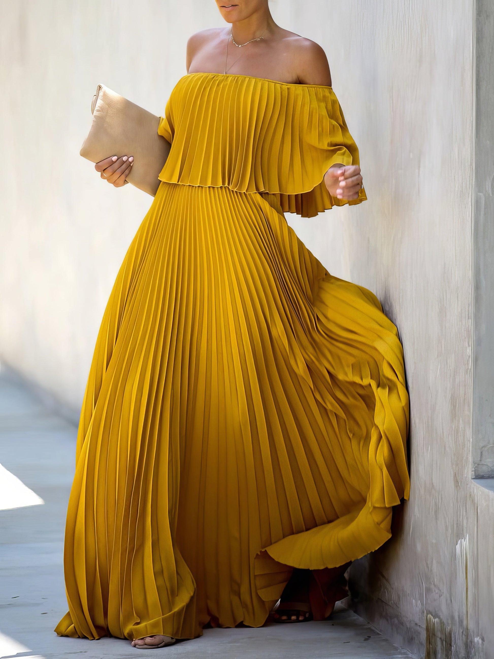 Maxi Dresses - Boat Neck One-Shoulder Pleated Chiffon Dress - MsDressly
