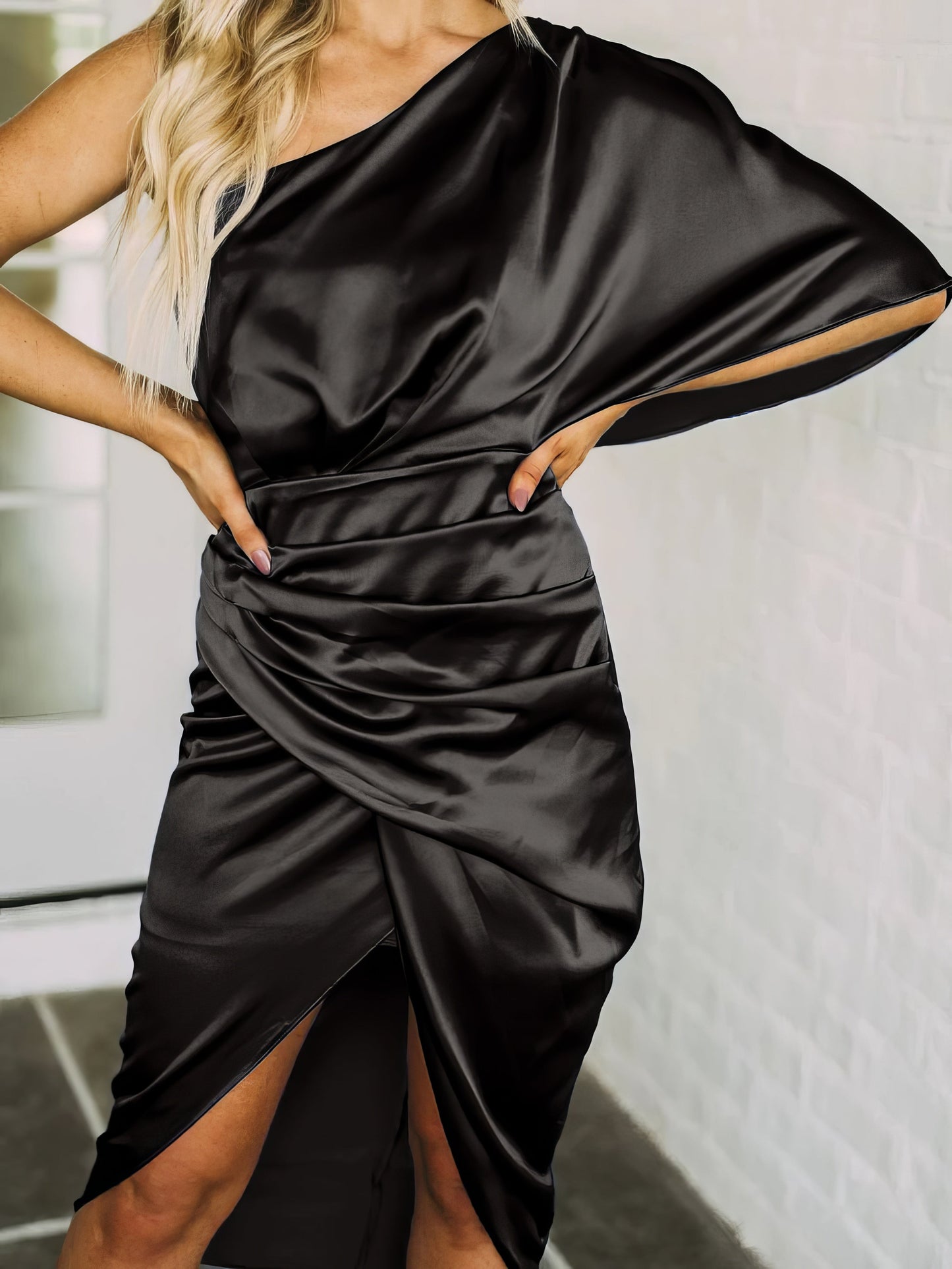 Midi Dresses - One-Shoulder Sleeve Irregular Slit Dress - MsDressly