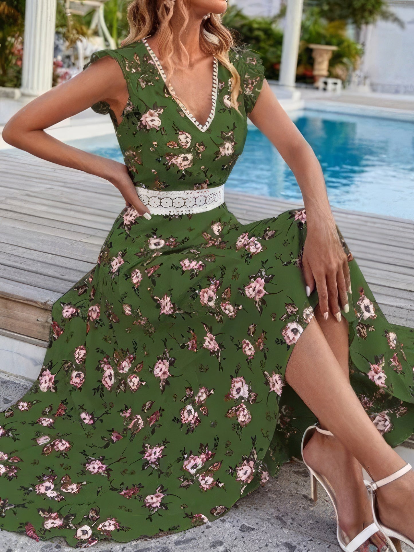 Maxi Dresses - Floral Print V-Neck Sleeveless Dress - MsDressly