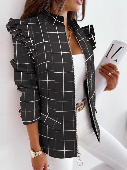 Blazers - Ruffle Check Long Sleeve Zipper Blazer - MsDressly