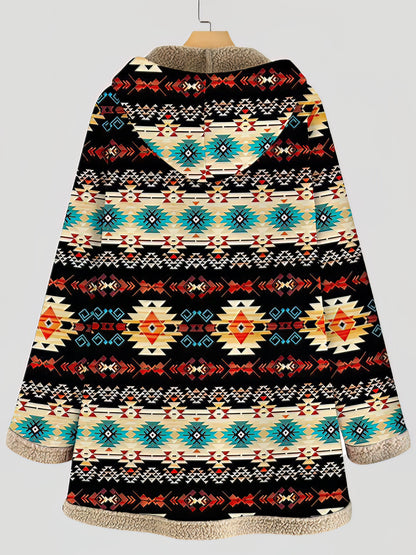 Coats - Graphic Printed Long Sleeve Pocket Button Hooded Coat - MsDressly