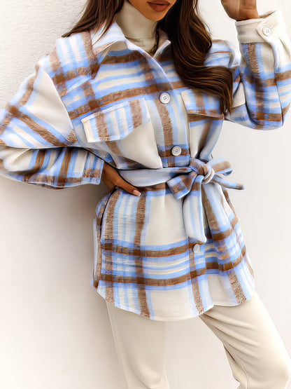 Coats - Checked Belted Two-Tone Pocket Button Woolen Coat - MsDressly