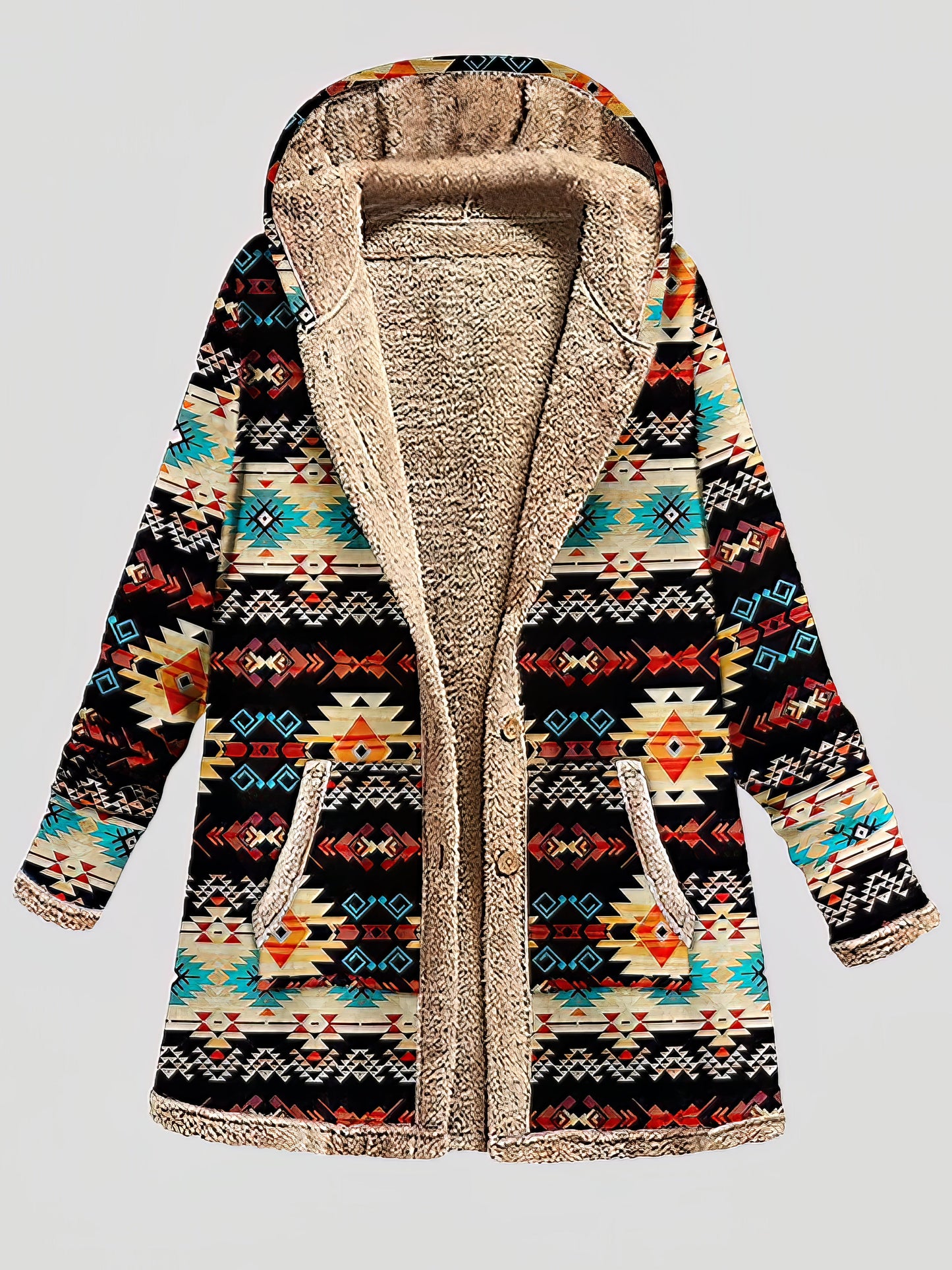 Coats - Graphic Printed Long Sleeve Pocket Button Hooded Coat - MsDressly