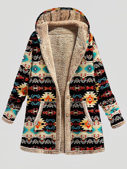 Graphic Printed Long Sleeve Pocket Button Hooded Coat