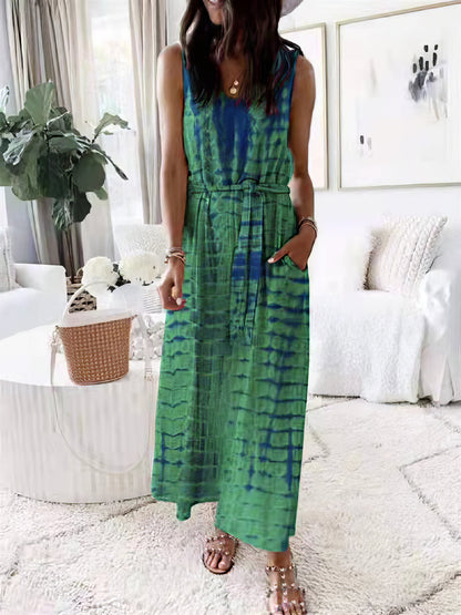 Maxi Dresses - Loose Print Belted Pocket Sleeveless Dress - MsDressly