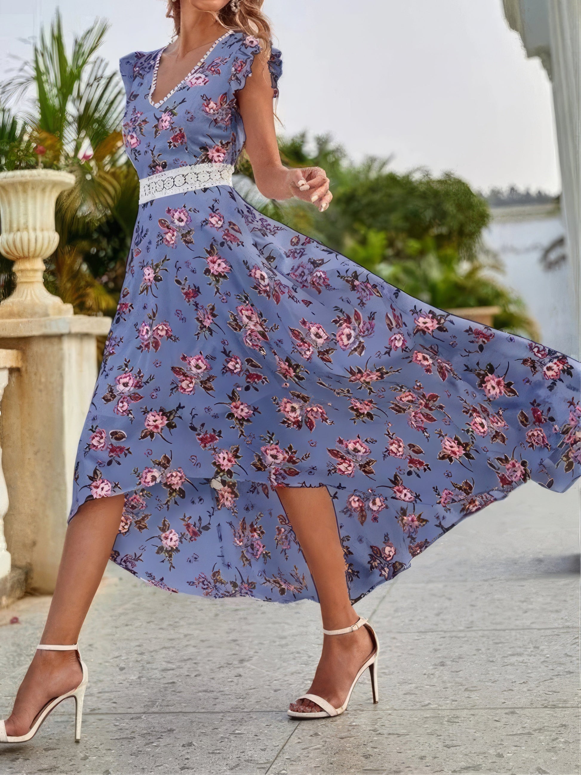 Maxi Dresses - Floral Print V-Neck Sleeveless Dress - MsDressly