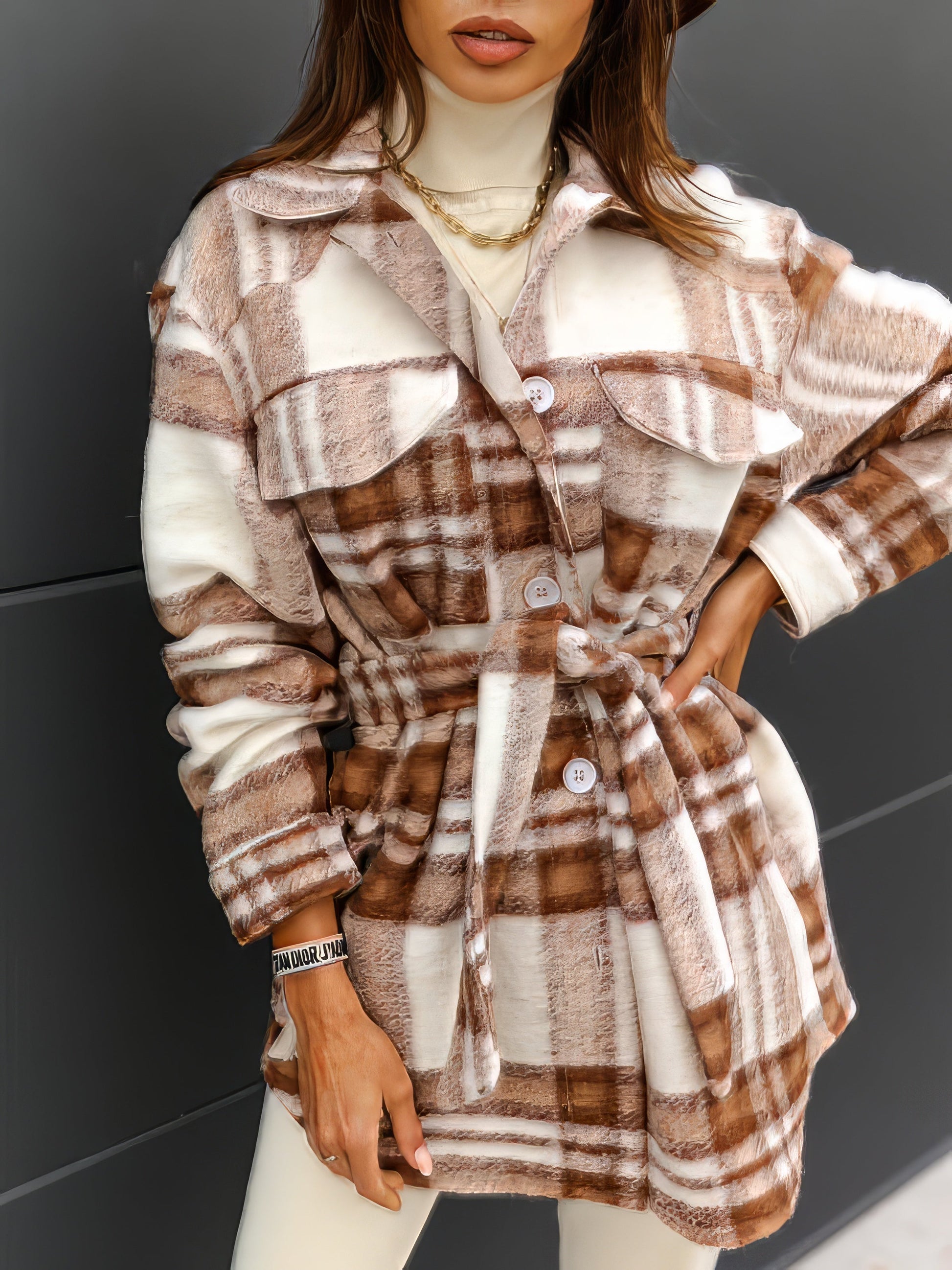 Coats - Checked Belted Two-Tone Pocket Button Woolen Coat - MsDressly