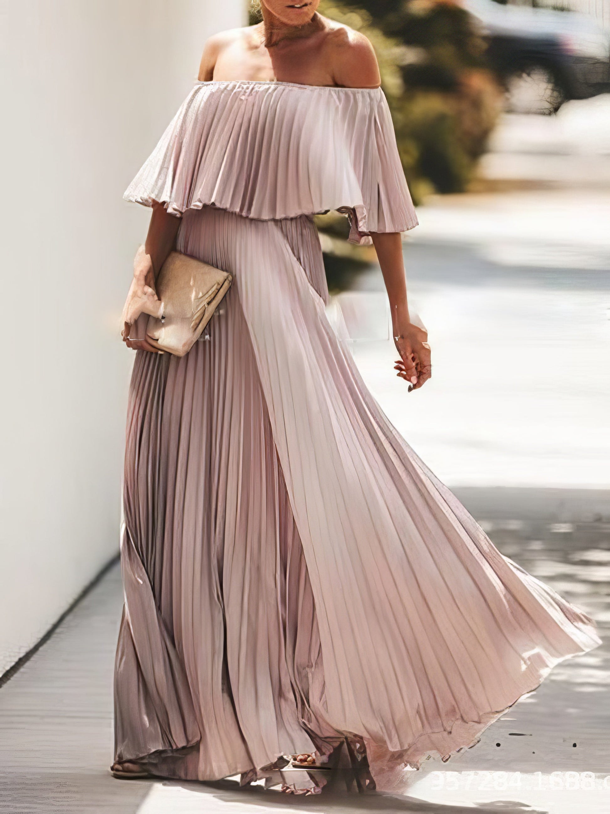 Maxi Dresses - Boat Neck One-Shoulder Pleated Chiffon Dress - MsDressly