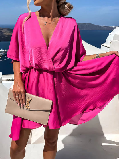 Mini Dresses - Loose V-Neck Short Sleeve Mini Dress - MsDressly