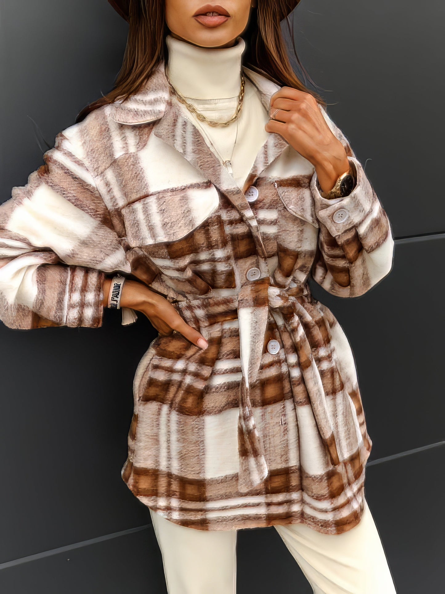 Coats - Checked Belted Two-Tone Pocket Button Woolen Coat - MsDressly